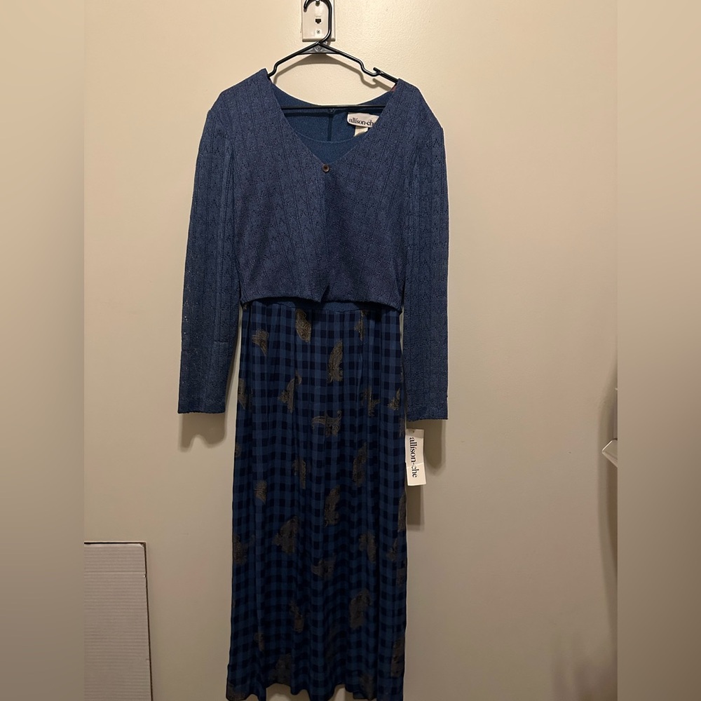 Modest Allison Che bluedress with button up overcoat.